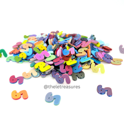 Tiny 3D printed number 67 figurines in assorted colors – micro collectible tokens
